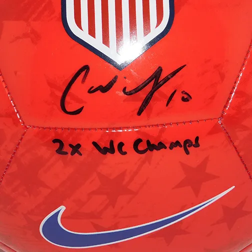 Carli Lloyd Autographed USA Red Soccer Ball Inscribed 2X WC Champs JSA