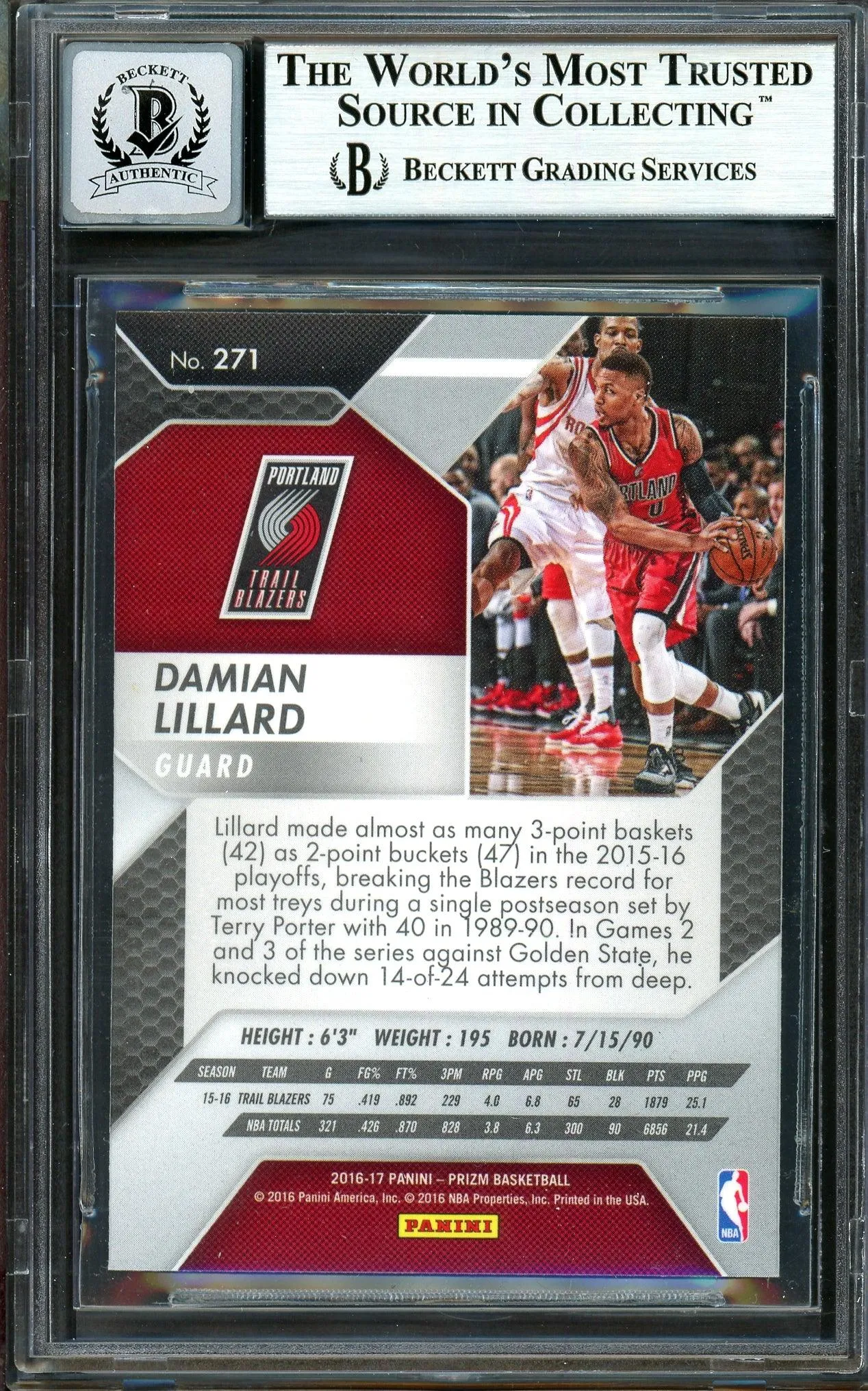 Damian Lillard Autographed 2016-17 Panini Prizm Card #271 Portland Trail Blazers Auto Grade Gem Mint 10 Beckett BAS #13605637