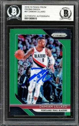 Damian Lillard Autographed 2018-19 Panini Prizm Green Card #81 Portland Trail Blazers Beckett BAS #13609515