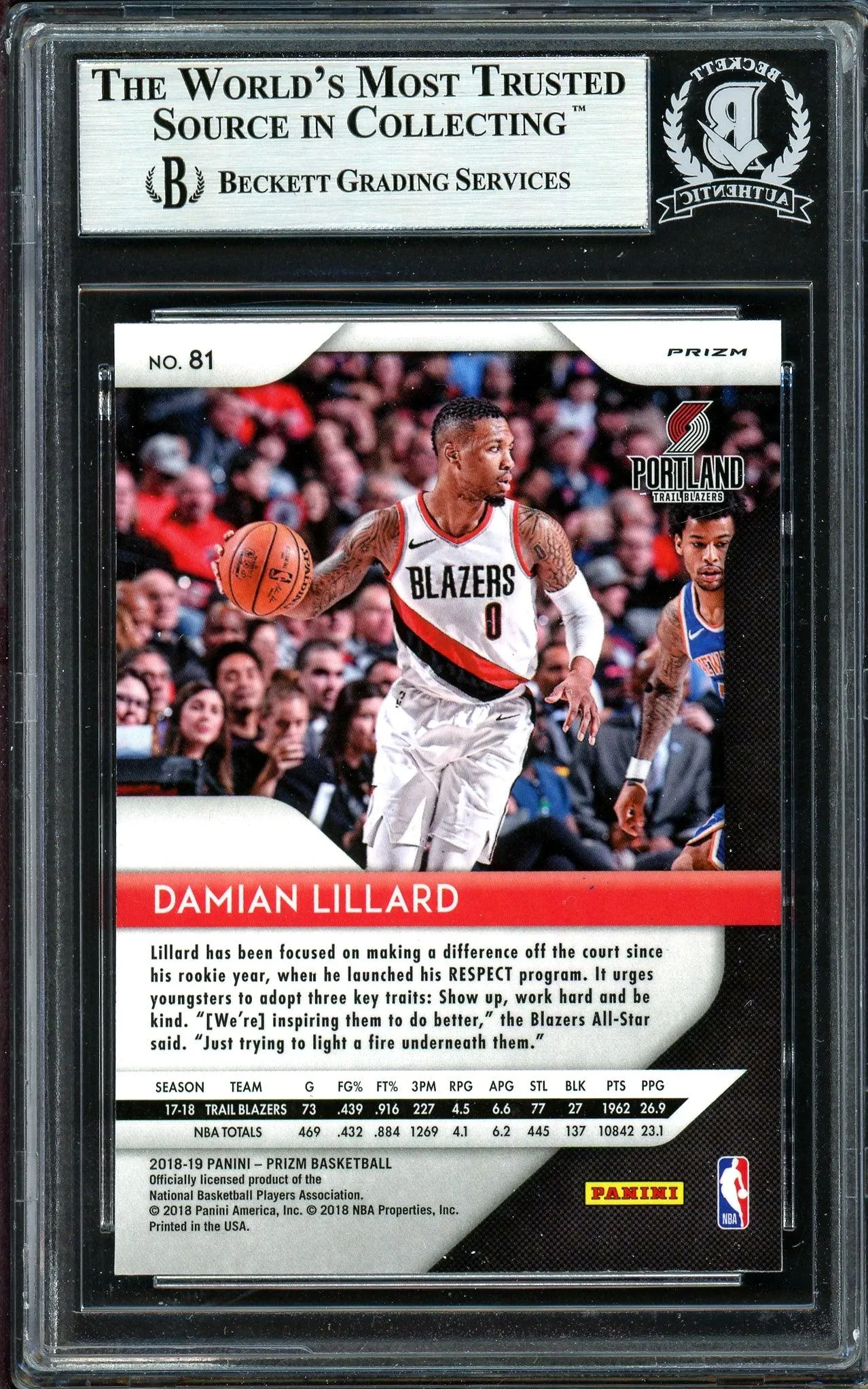 Damian Lillard Autographed 2018-19 Panini Prizm Green Card #81 Portland Trail Blazers Beckett BAS #13609515