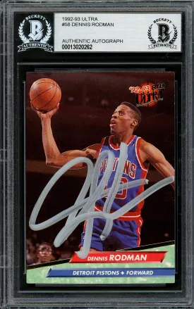 Dennis Rodman Autographed 1992-93 Fleer Ultra Card #58 Detroit Pistons Beckett BAS Stock #195051