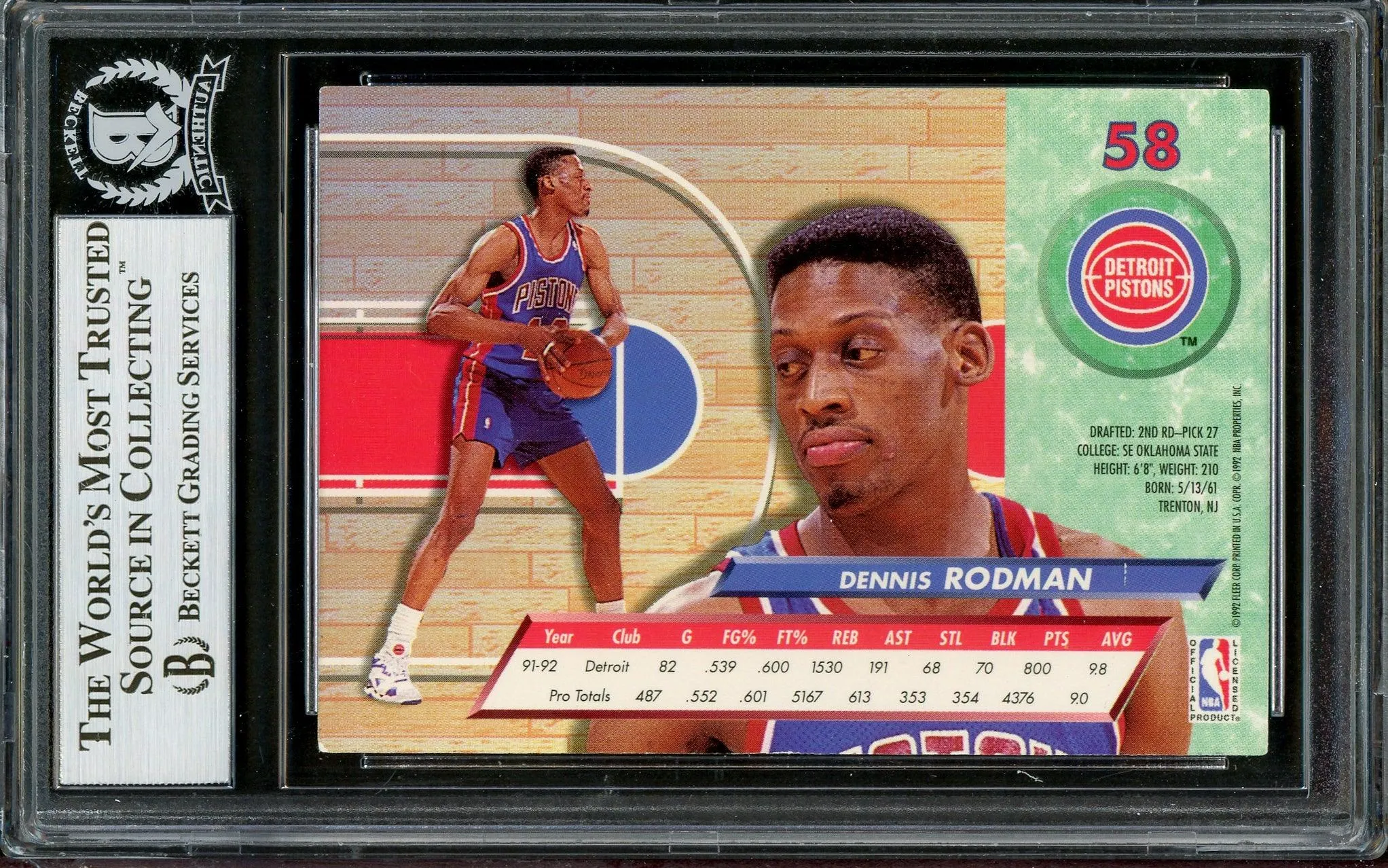 Dennis Rodman Autographed 1992-93 Fleer Ultra Card #58 Detroit Pistons Beckett BAS Stock #195051