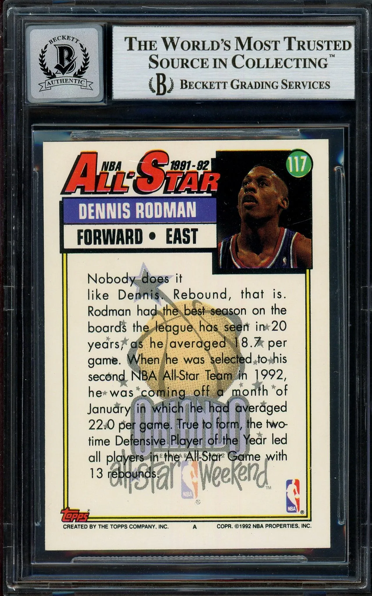 Dennis Rodman Autographed 1992-93 Topps Card #117 Detroit Pistons Auto Grade Gem Mint 10 Beckett BAS Stock #194590