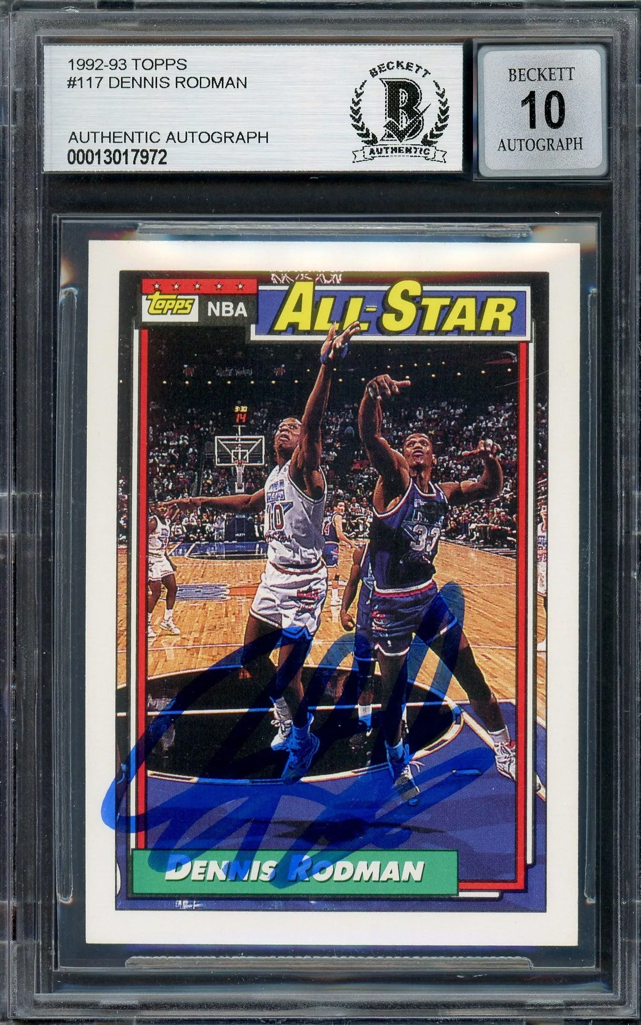 Dennis Rodman Autographed 1992-93 Topps Card #117 Detroit Pistons Auto Grade Gem Mint 10 Beckett BAS Stock #194590