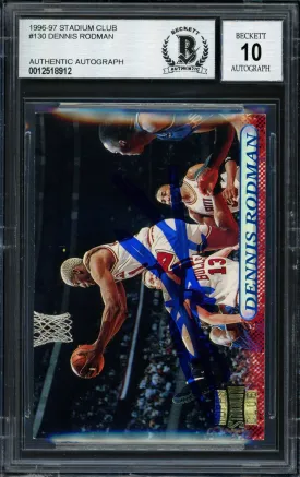 Dennis Rodman Autographed 1996-97 Stadium Club Card #130 Chicago Bulls Auto Grade 10 Beckett BAS #12518912