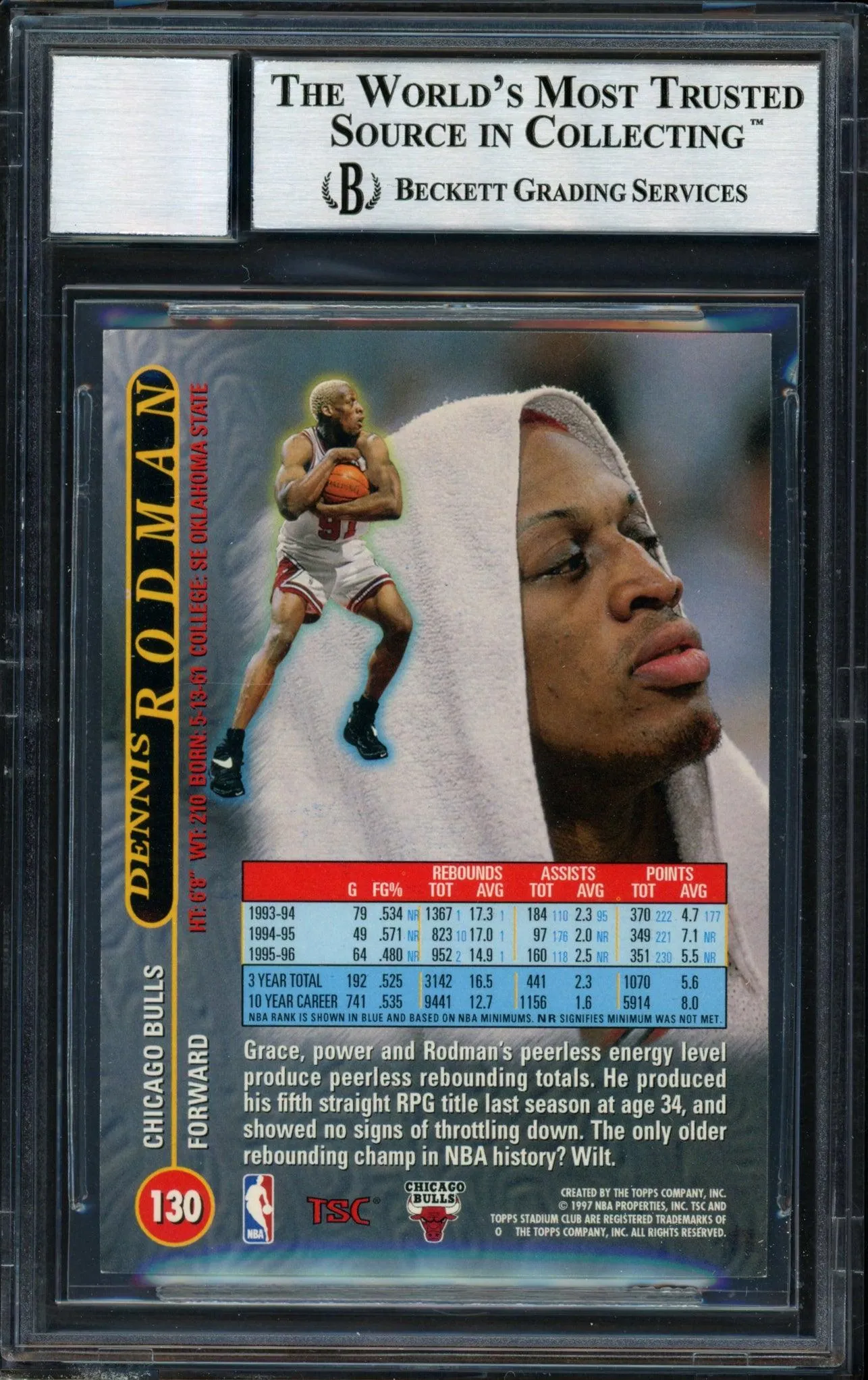 Dennis Rodman Autographed 1996-97 Stadium Club Card #130 Chicago Bulls Auto Grade 10 Beckett BAS #12518912