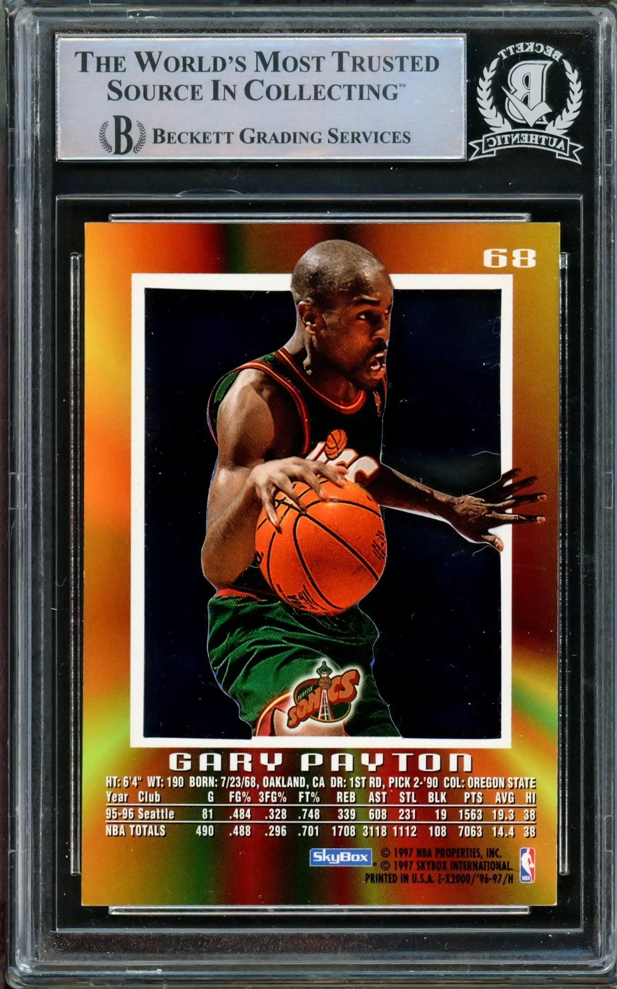 Gary Payton Autographed 1996-97 EX-2000 Card #68 Seattle Supersonics Beckett BAS #14863463