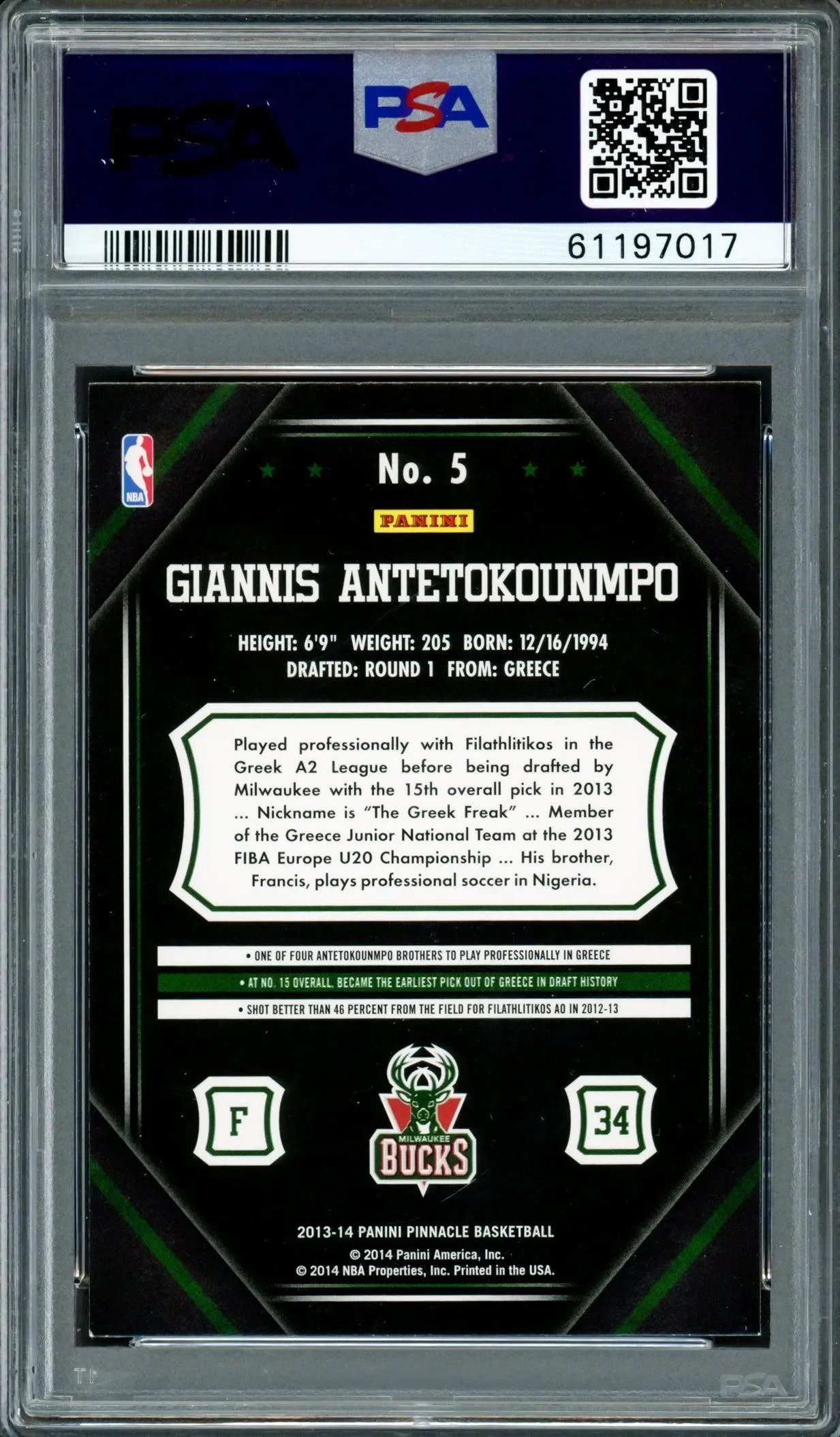 Giannis Antetokounmpo Autographed 2013 Panini Pinnacle Rookie Card #5 Milwaukee Bucks Auto Grade Gem Mint 10 PSA/DNA #61197017