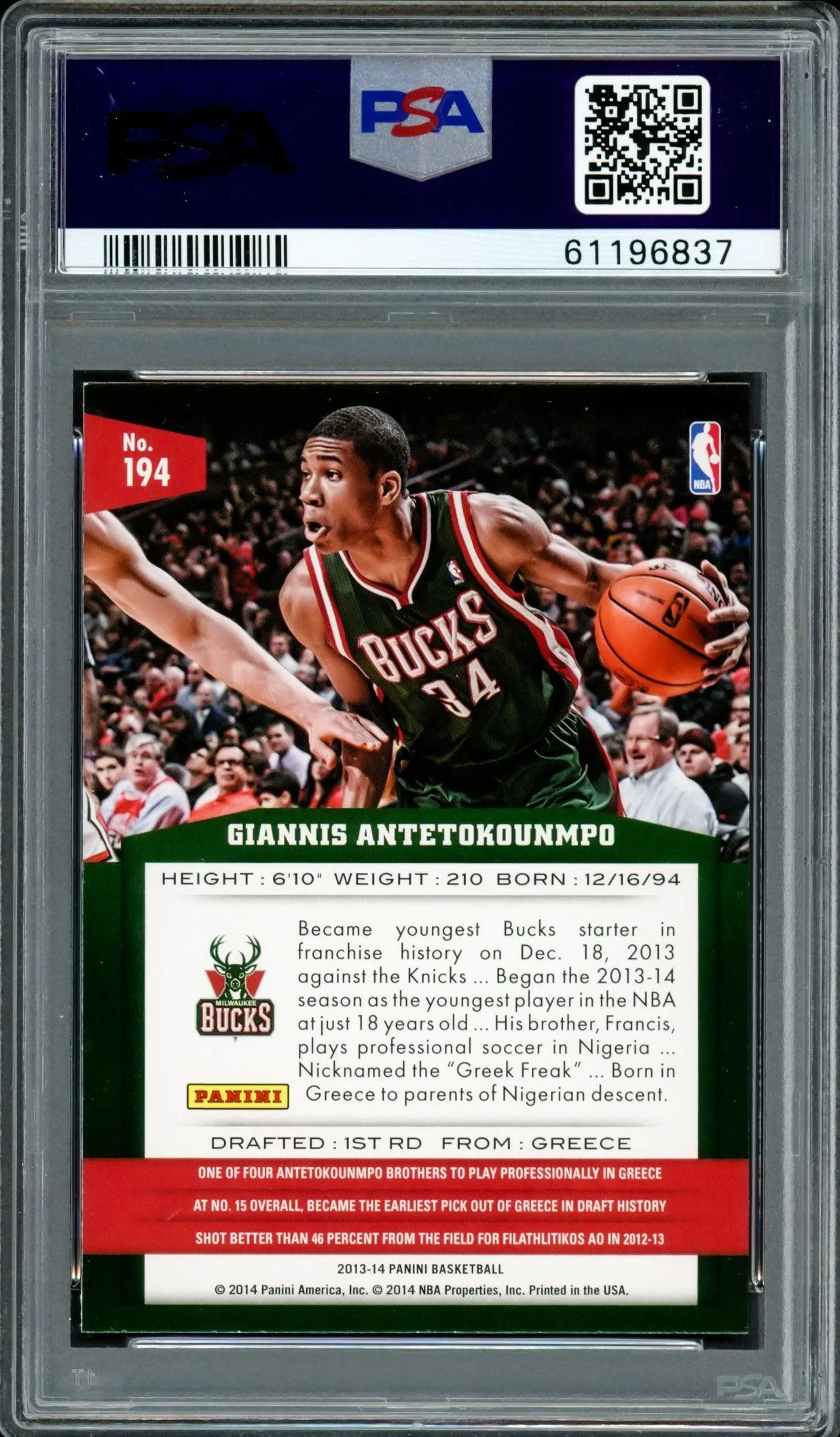 Giannis Antetokounmpo Autographed 2013 Panini Rookie Card #194 Milwaukee Bucks PSA 8 Auto Grade Gem Mint 10 PSA/DNA #61196837