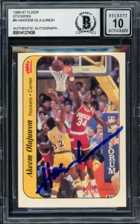 Hakeem Olajuwon Autographed 1986-87 Fleer Stickers Rookie Card #9 Houston Rockets Auto Grade Gem Mint 10 Beckett BAS #14127438