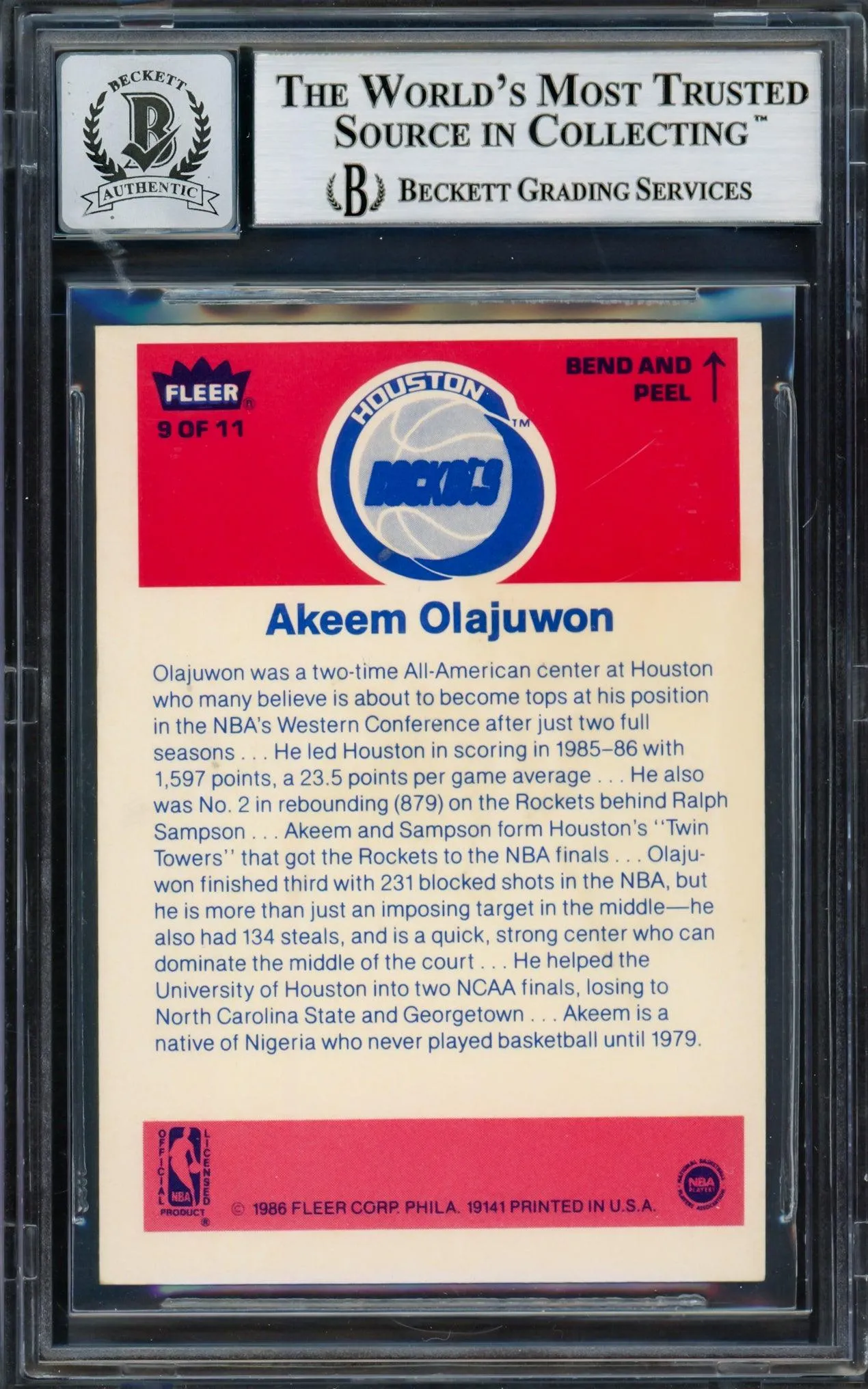 Hakeem Olajuwon Autographed 1986-87 Fleer Stickers Rookie Card #9 Houston Rockets Auto Grade Gem Mint 10 Beckett BAS #14127438