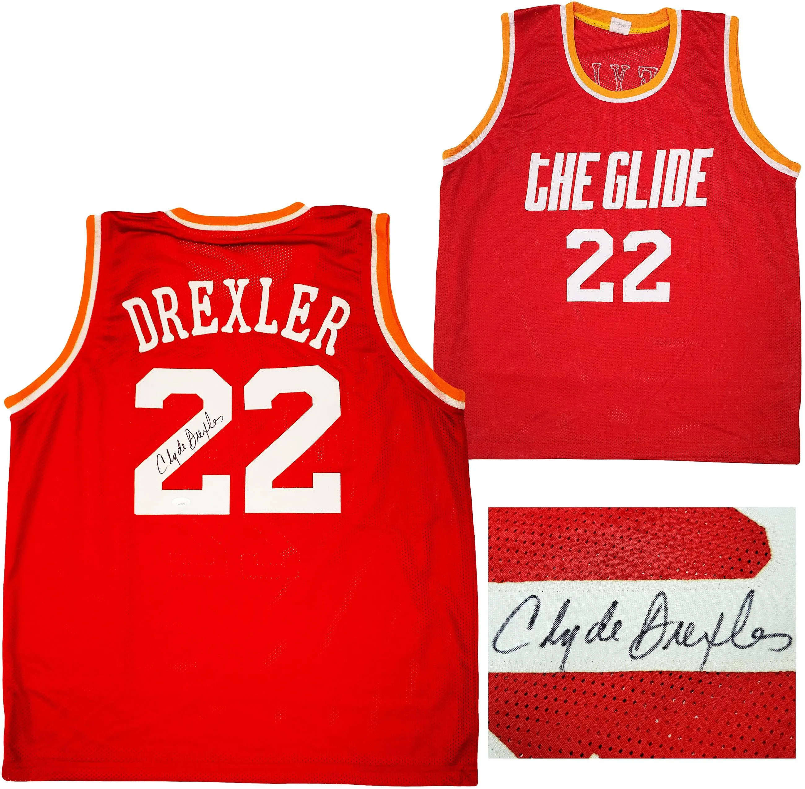 Houston Rockets Clyde Drexler Autographed Red Jersey The Glide JSA Stock #202350