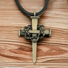 Nail Crown Cross Necklace Large Cross Antique Brass Metal Finish