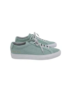 Perforated Teal Calfskin Leather Sneakers with Gold Embossed Detailing