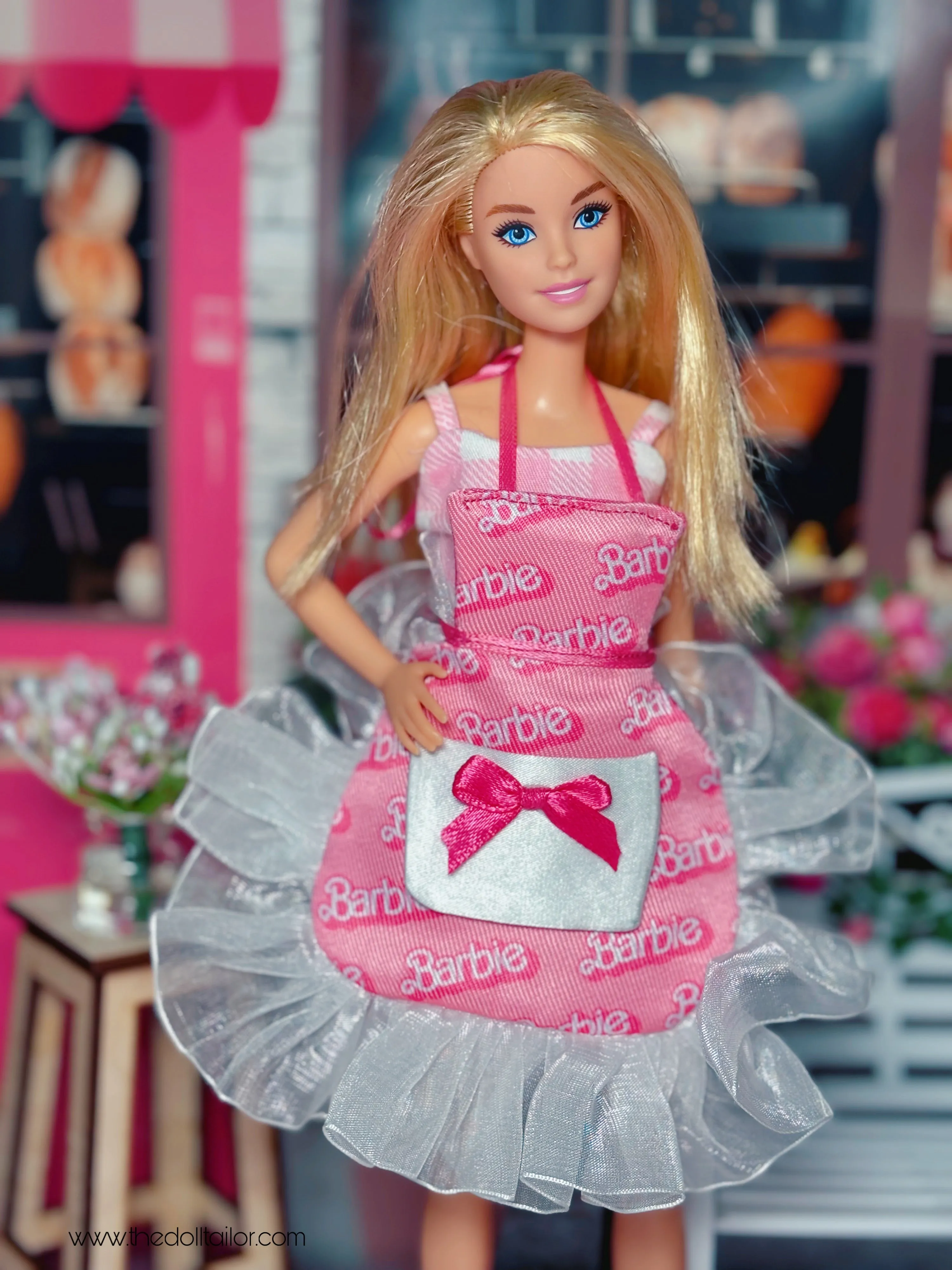 Pink apron for barbie doll white ruffles