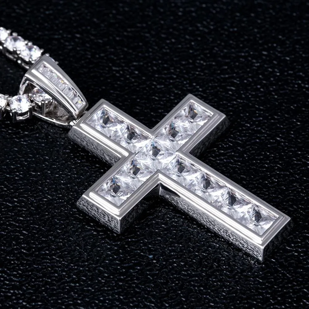 Princess Cut Cross Pendant White Gold Plated