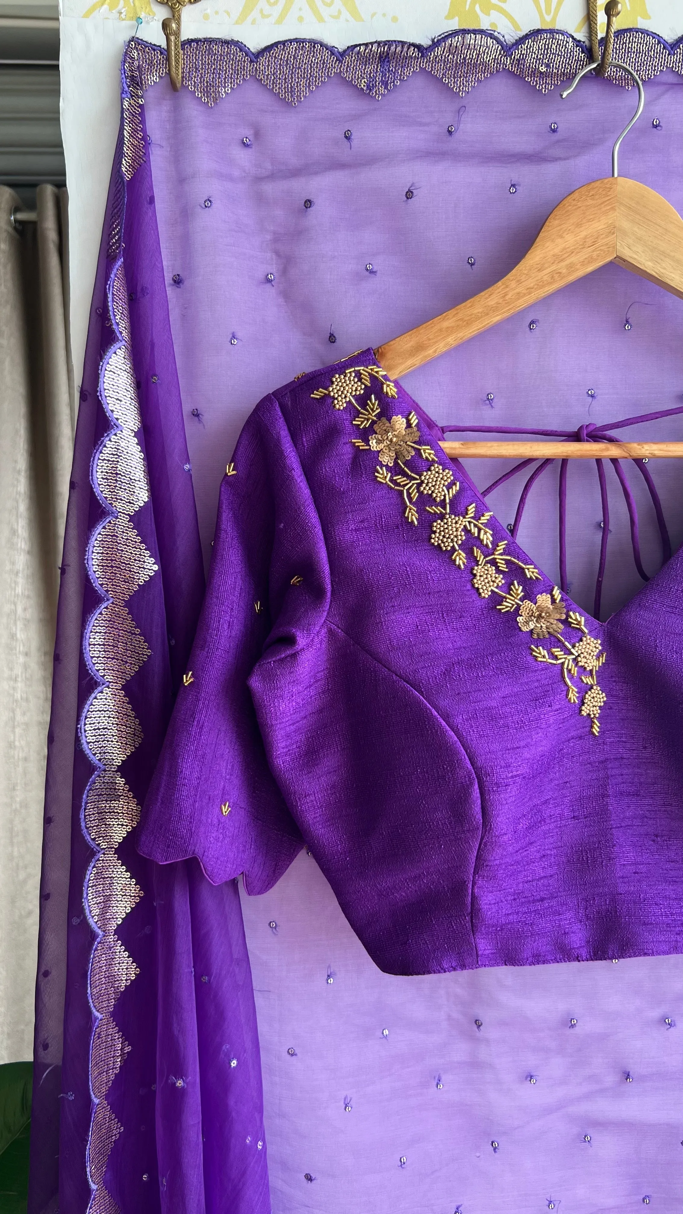 Purple silk V neck hand worked blouse