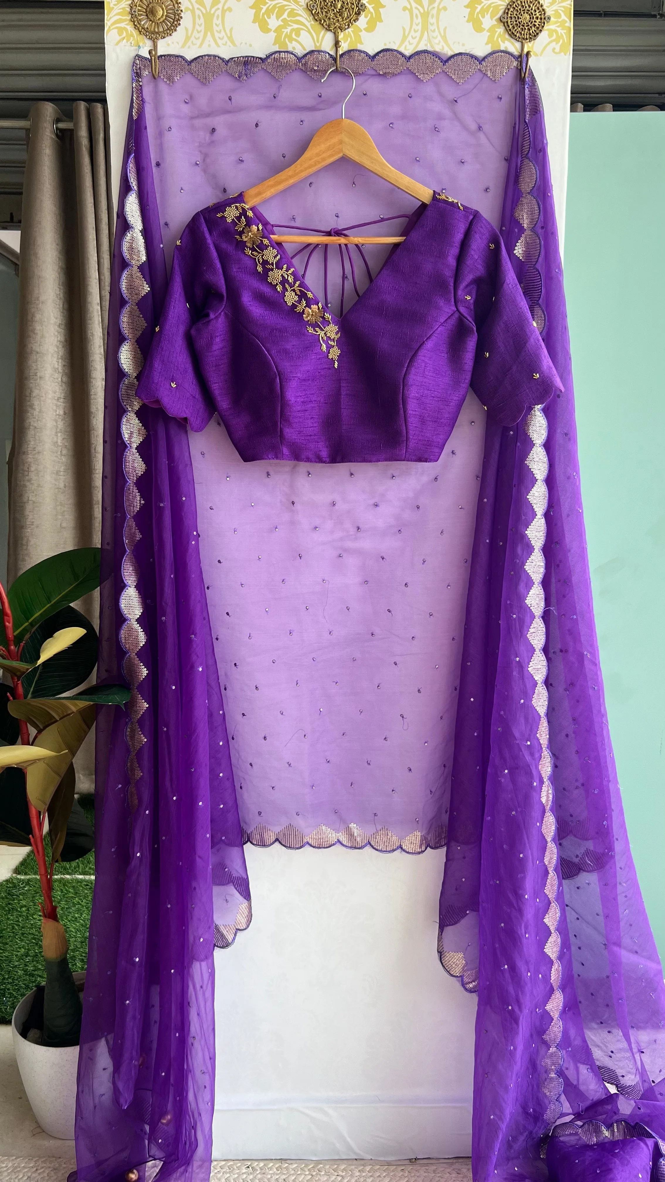 Purple silk V neck hand worked blouse