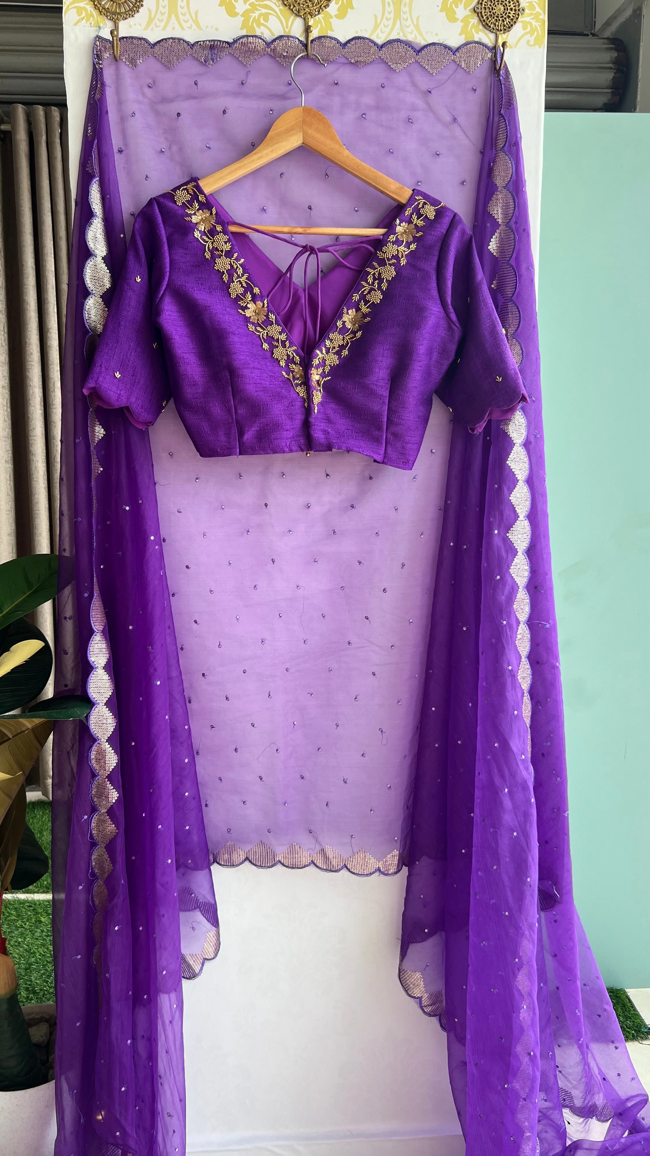 Purple silk V neck hand worked blouse