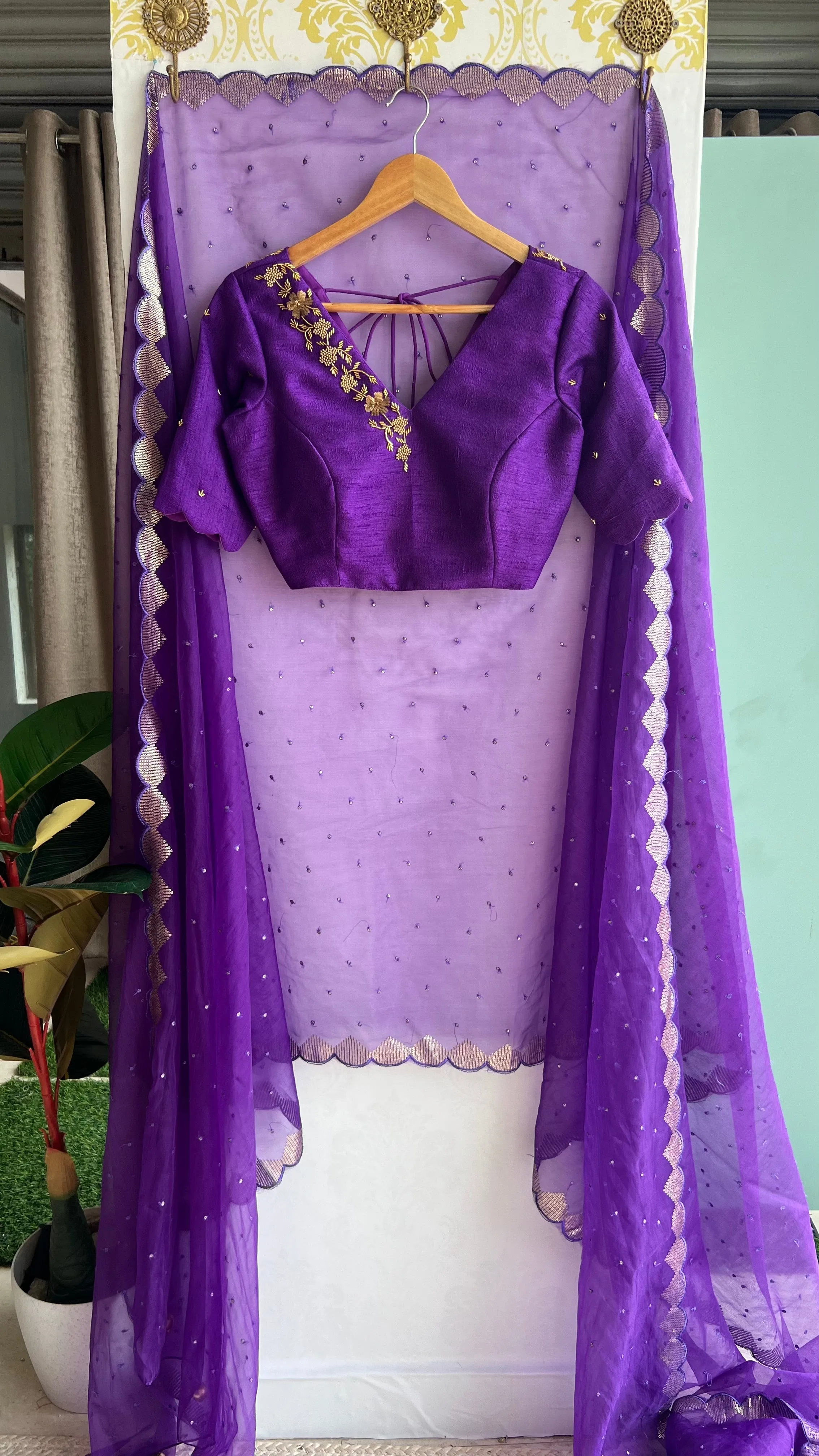 Purple silk V neck hand worked blouse