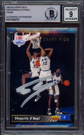 Shaquille "Shaq" O'Neal Autographed 1992 Upper Deck Rookie Card #1B Orlando Magic Auto Grade Mint 9 Beckett BAS Stock #213276