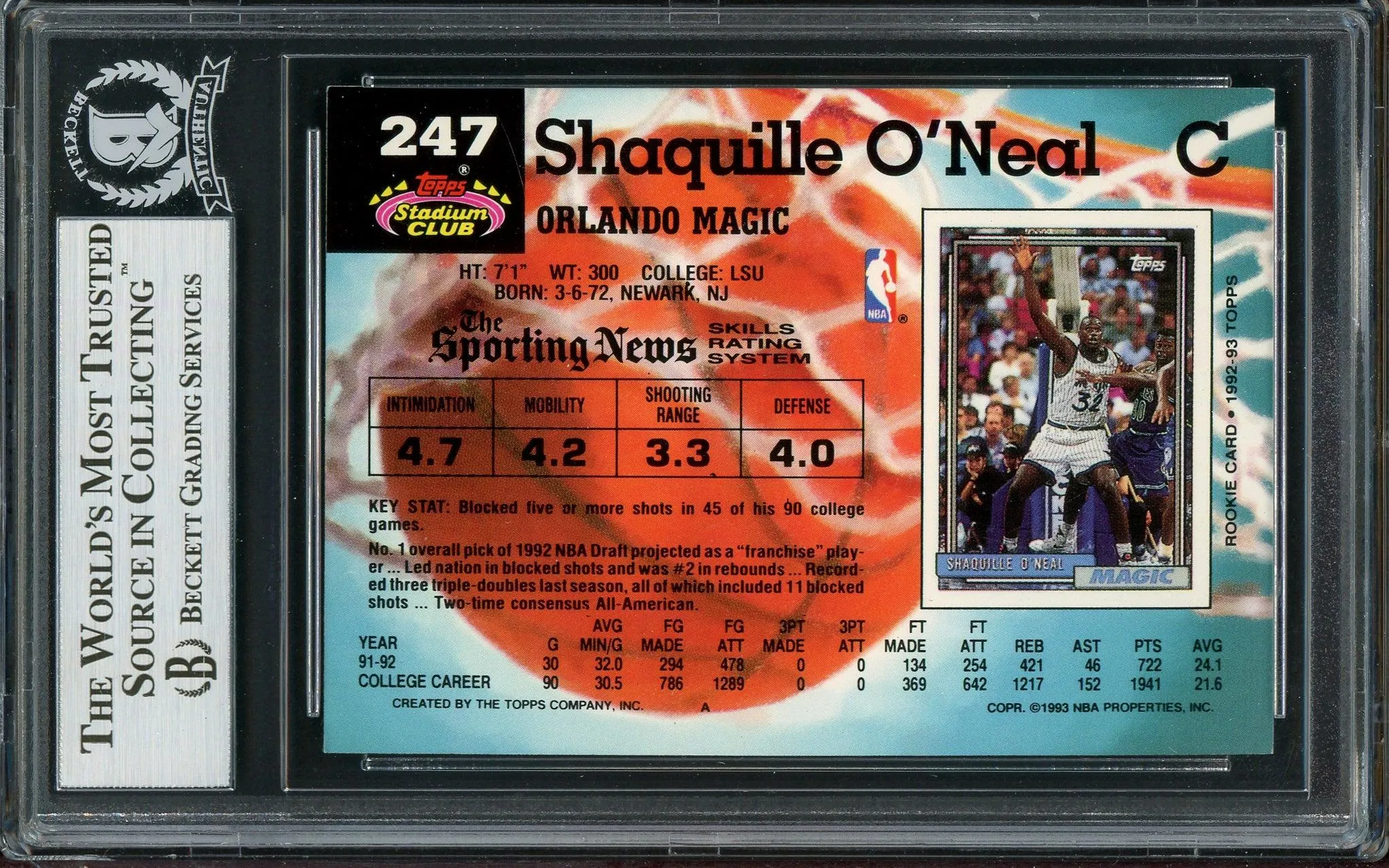 Shaquille Shaq O'Neal Autographed 1992-93 Stadium Club Rookie Card #247 Orlando Magic Beckett BAS #13020284