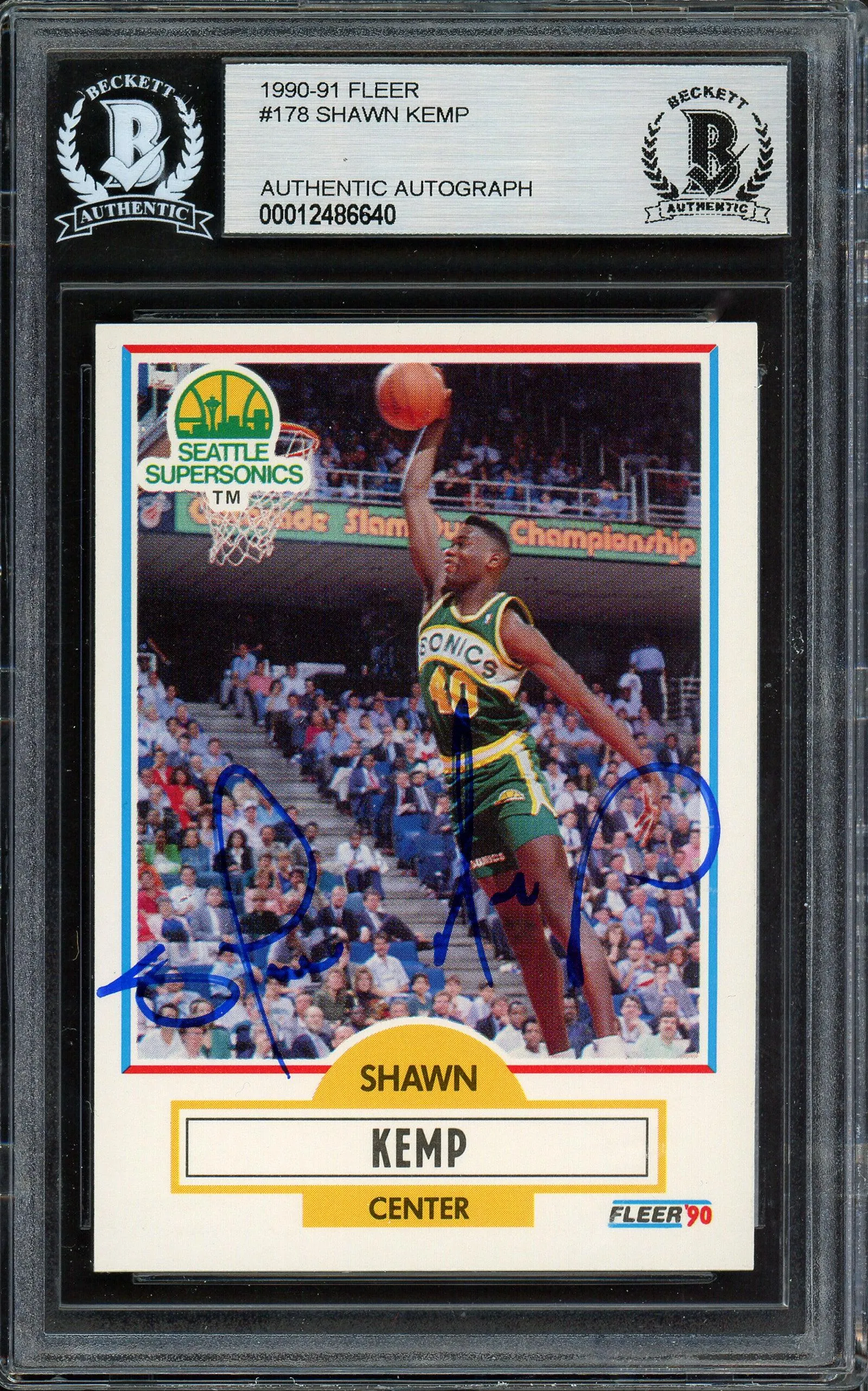 Shawn Kemp Autographed 1990-91 Fleer Rookie Card #178 Seattle Super Sonics Beckett BAS Stock #182002