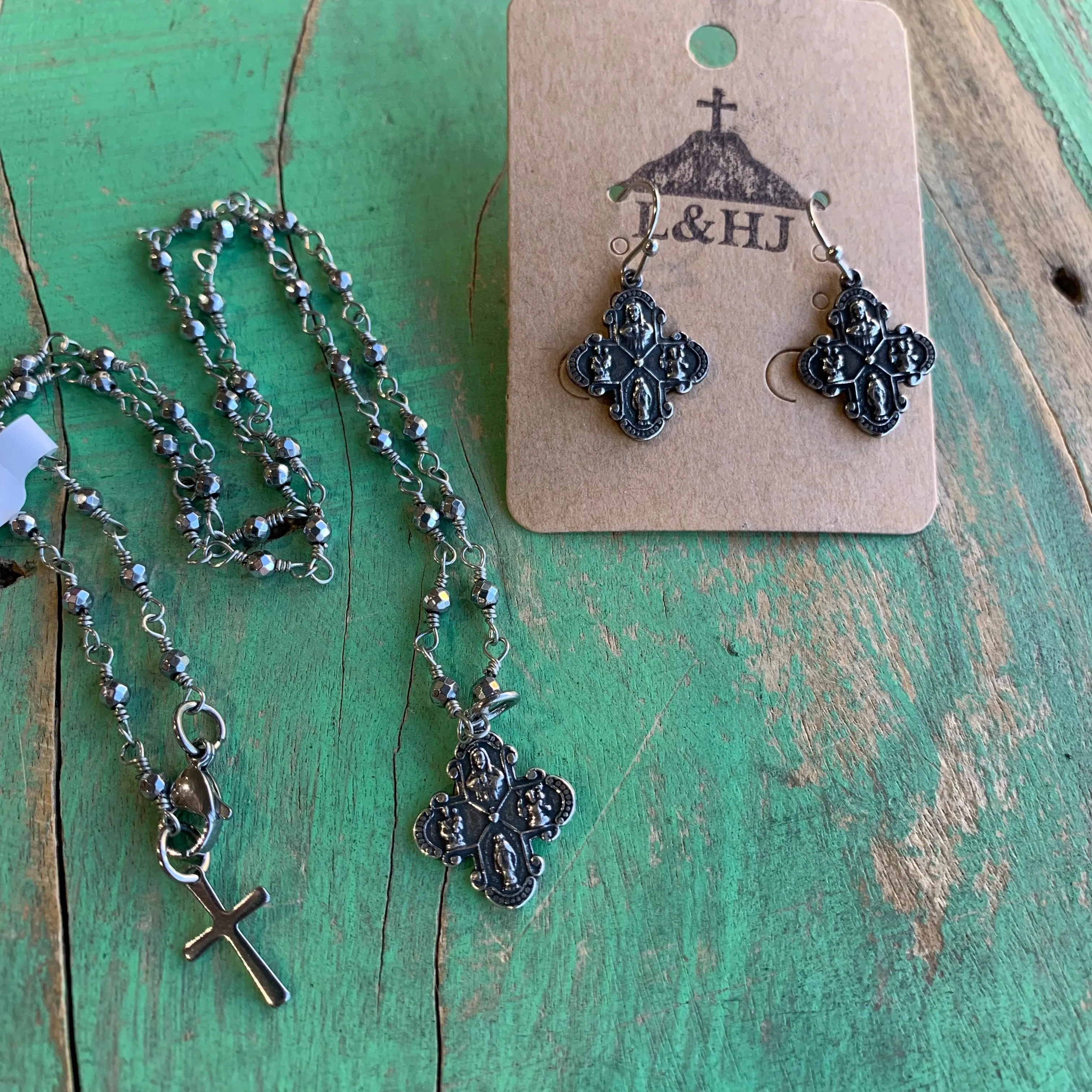 Silver Hematite Faith Necklace Set