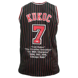 Toni Kukoc Autographed Basketball Jersey Black Pinstripe w/ STATS! (Beckett)