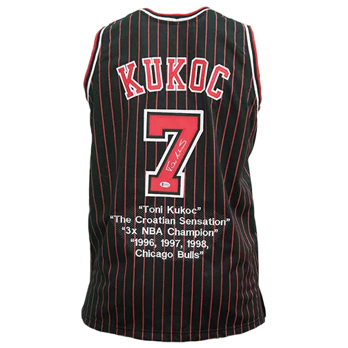 Toni Kukoc Autographed Basketball Jersey Black Pinstripe w/ STATS! (Beckett)