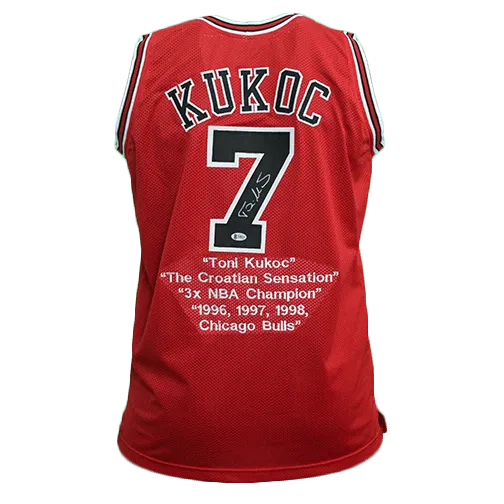 Toni Kukoc Autographed Basketball Jersey Red w/ STATS! (JSA)